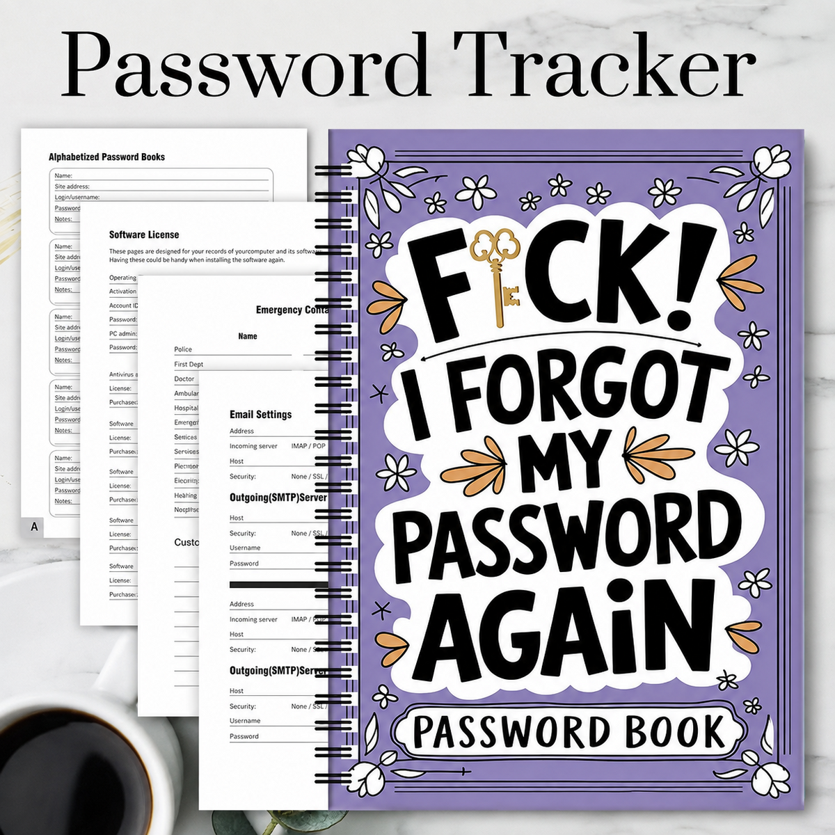 📅Funny Password Notebook - Spiral Bound with Lock Icons & Funny Security Phrases✍️