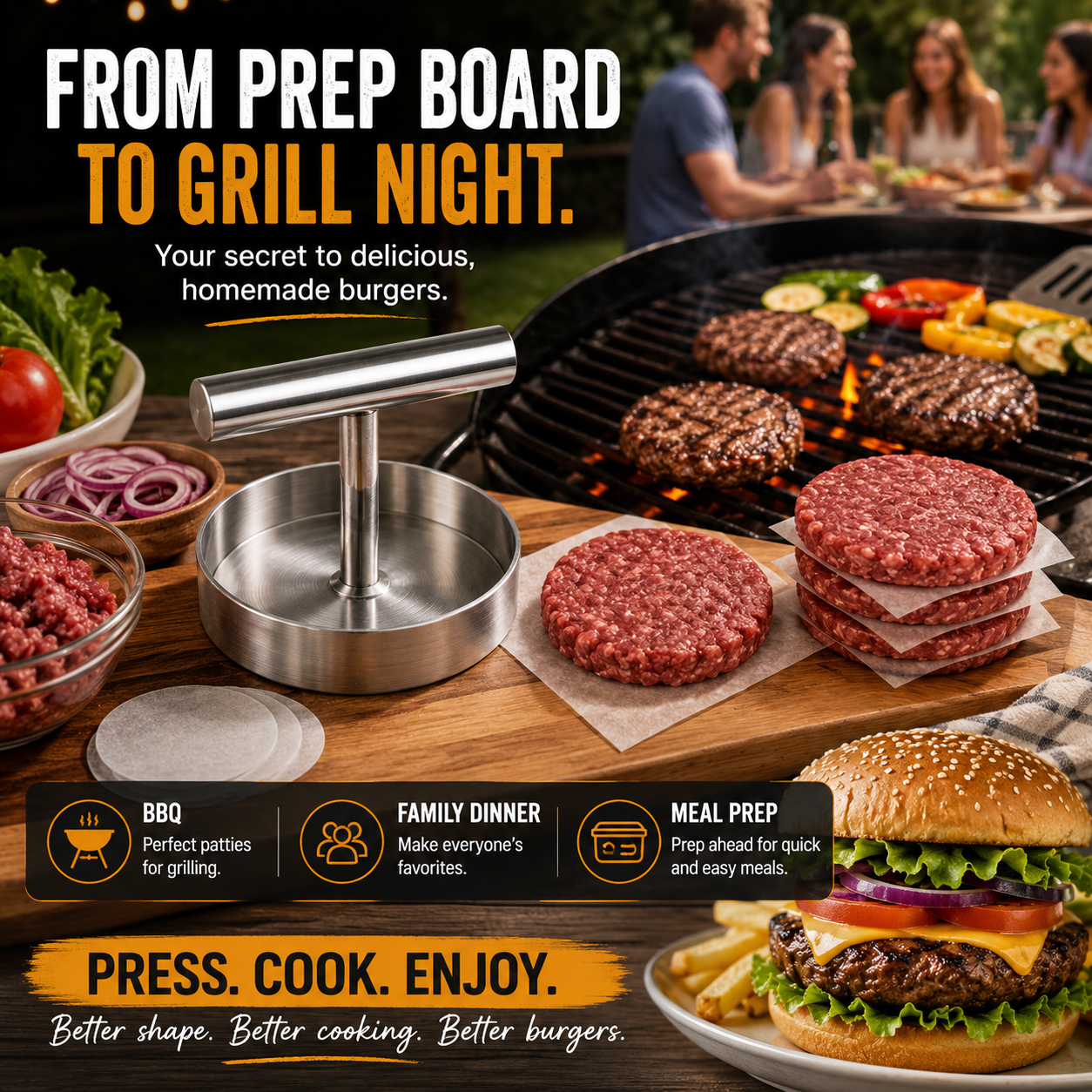 ๐ BBQ FAVORITE | Manual Burger Patty Press โ Uniform Round Patties for Grilling, Meal Prep & Home Cooking