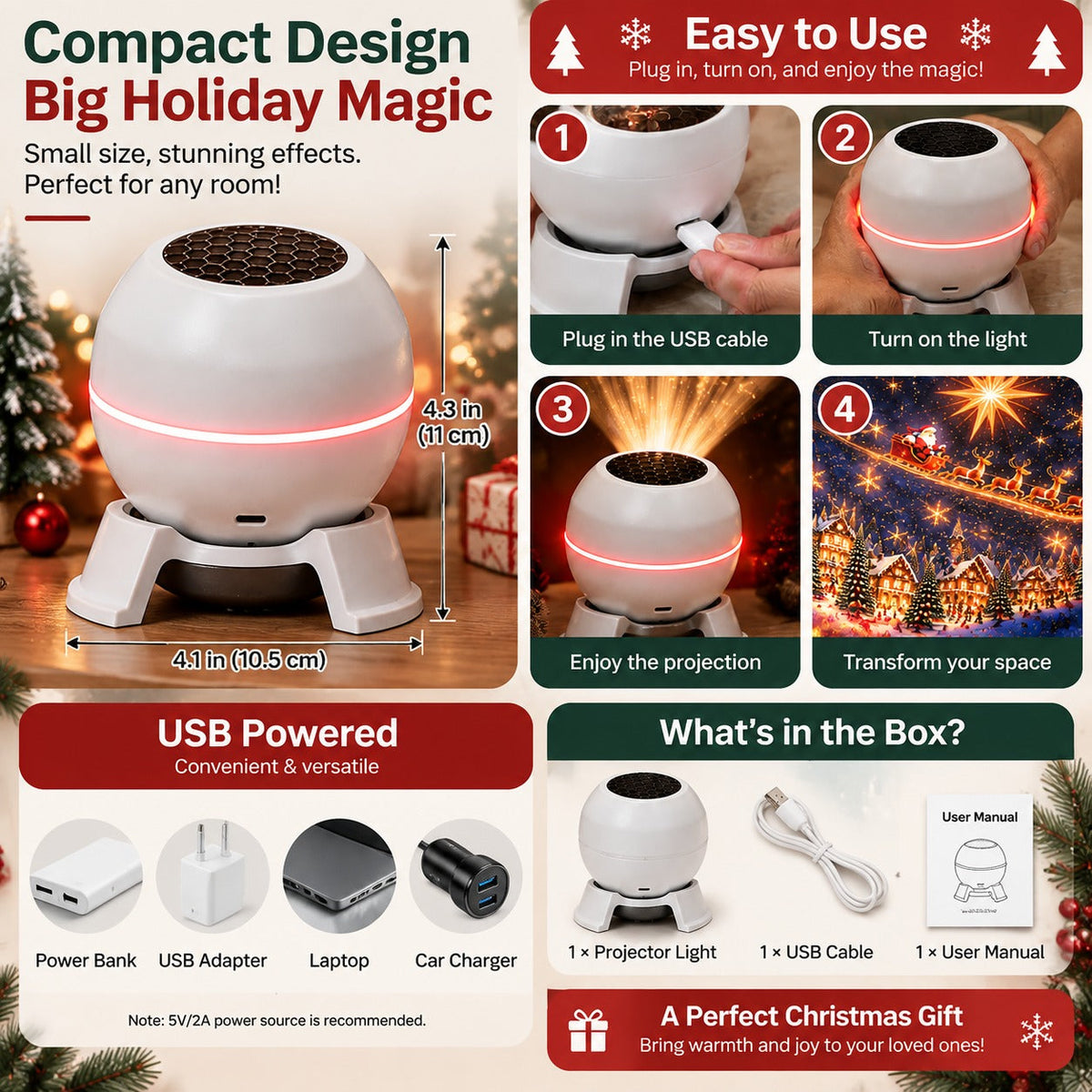 π Christmas Projector Night Light - 360Β° Adjustable HD Holiday Pattern Ceiling Light π
Indoor Xmas Decoration Lamp for Kids Bedroom, Party & Holiday Gift π