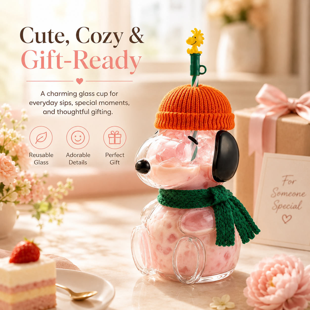 ๐ฅค FALL FAVORITE | Cute Character Cold Cup โ ๐3D Glass Tumbler with Straw for Iced Coffee, Matcha & Cold Drinks