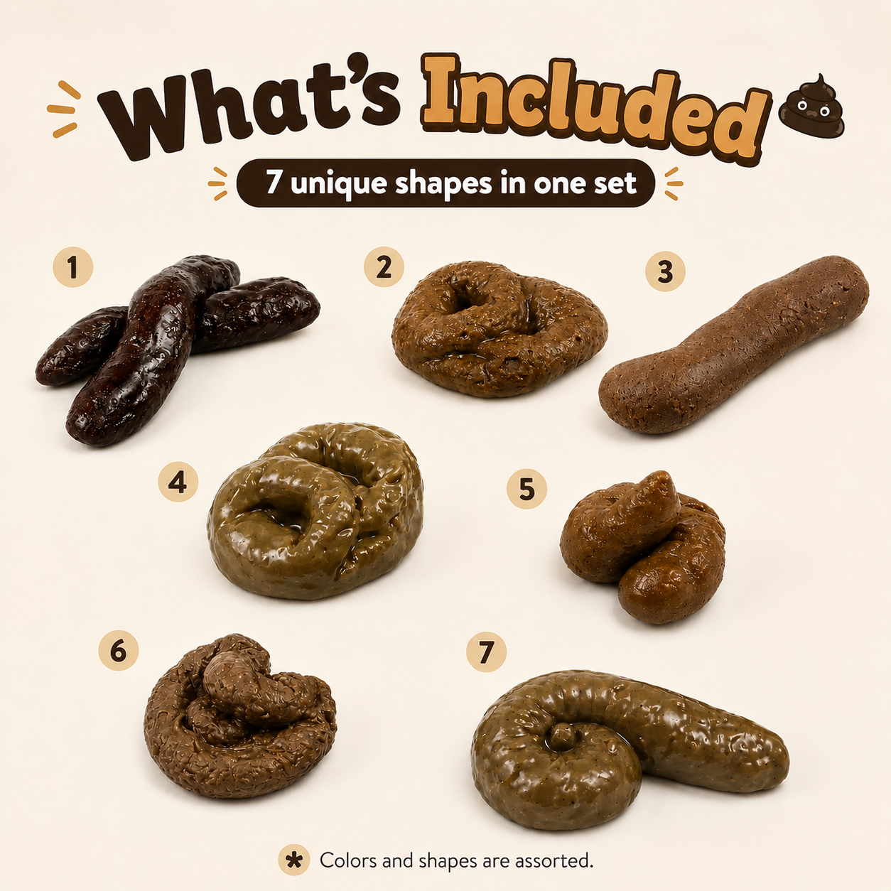 🔥7PCS Realistic Fake Poop Prank Set – Hilarious Gag Gift for Parties & Office