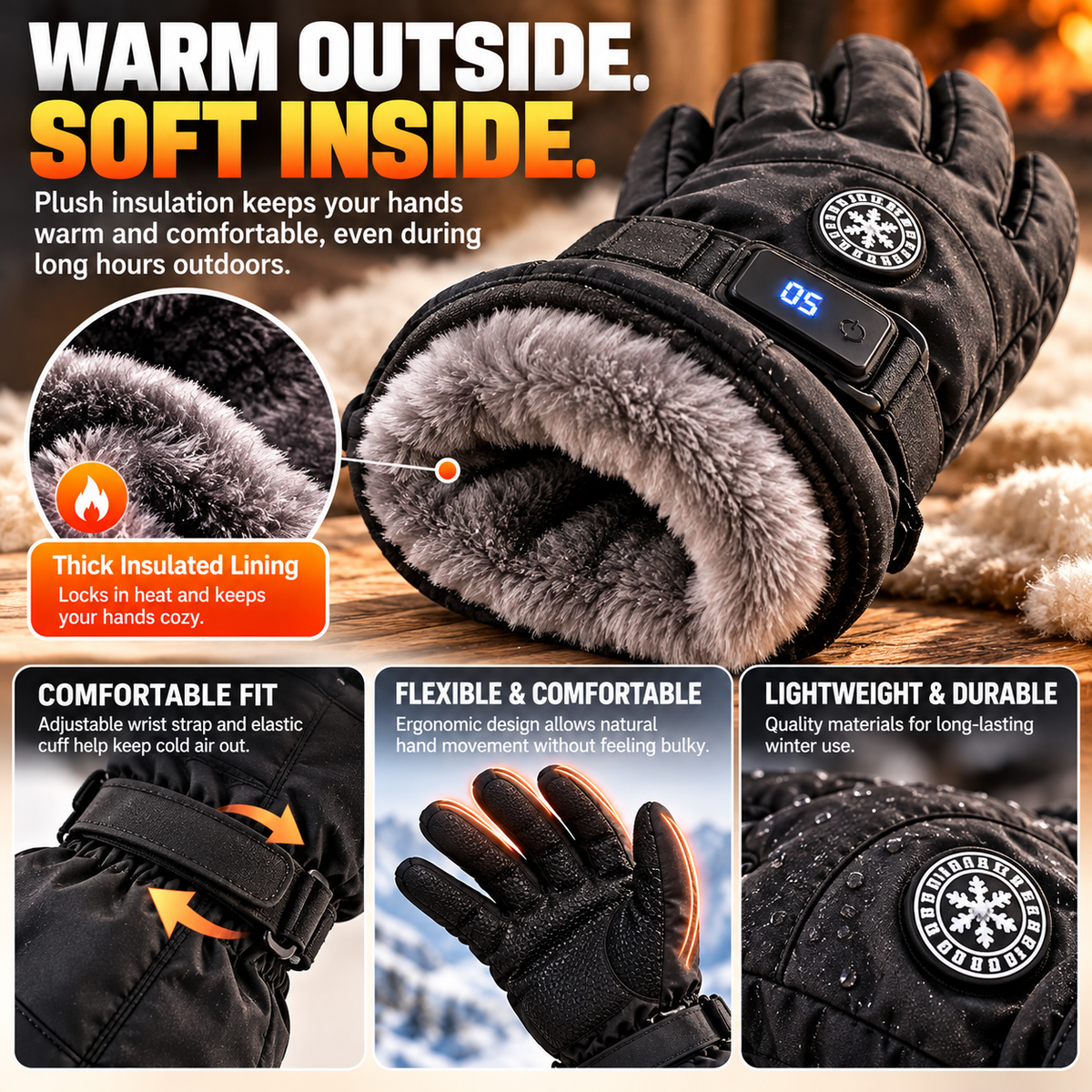 π₯ Rechargeable Heated Gloves β 3 Heat Settings, Waterproof Touchscreen Winter Gloves