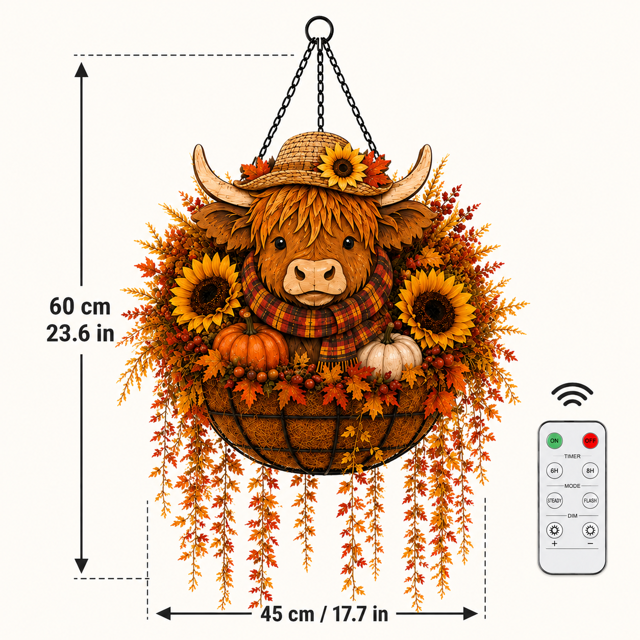 ๐ฎ๐ Highland Cow Fall Hanging Basket with Warm LED Lights โ Rustic Autumn Porch Decor & Farmhouse Welcome Accent