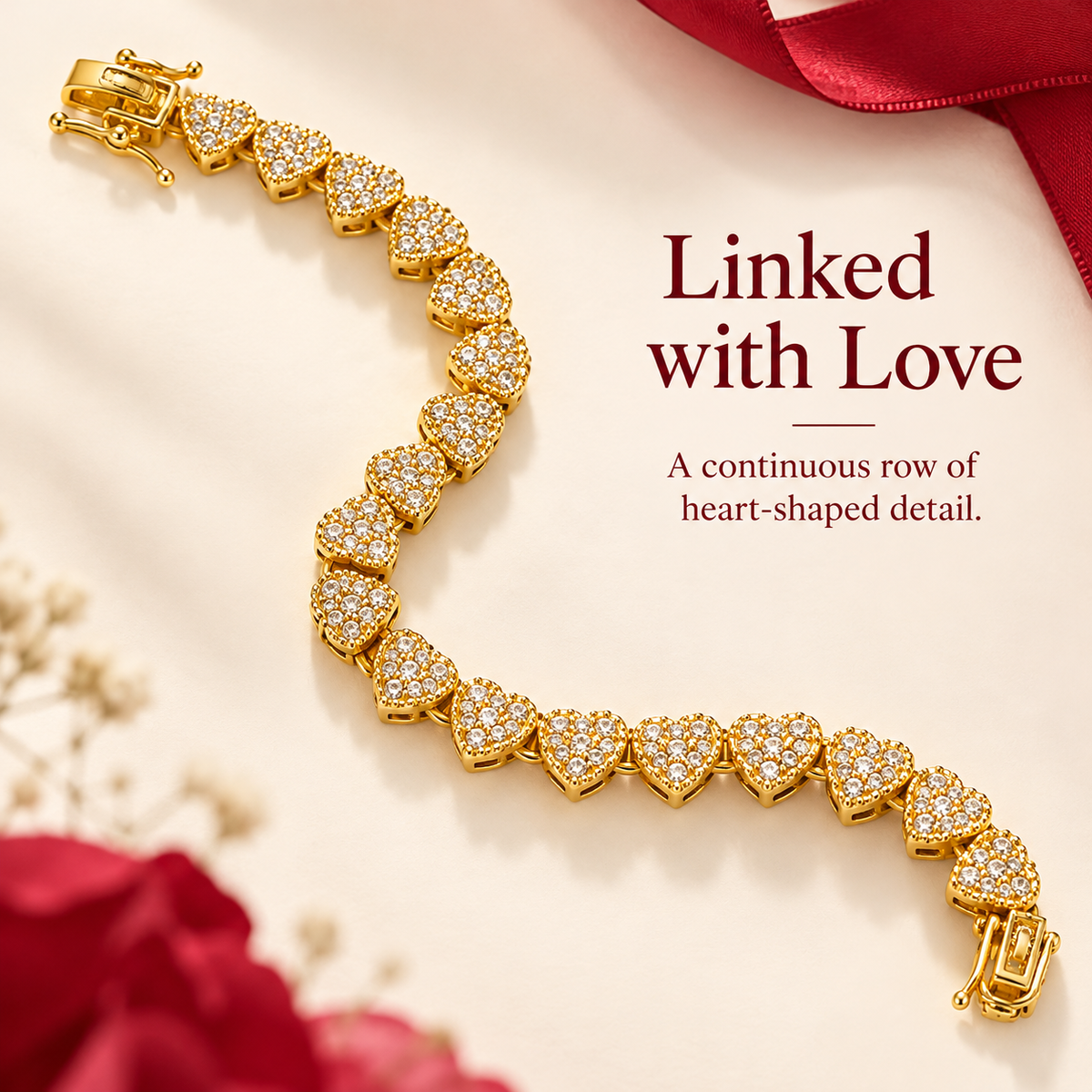 ✨ Gold Heart Tennis Bracelet, Pave Cubic Zirconia Linked Heart Bracelet, Dainty Love Heart Statement Bracelet for Women, Valentine Wedding Jewelry Gift