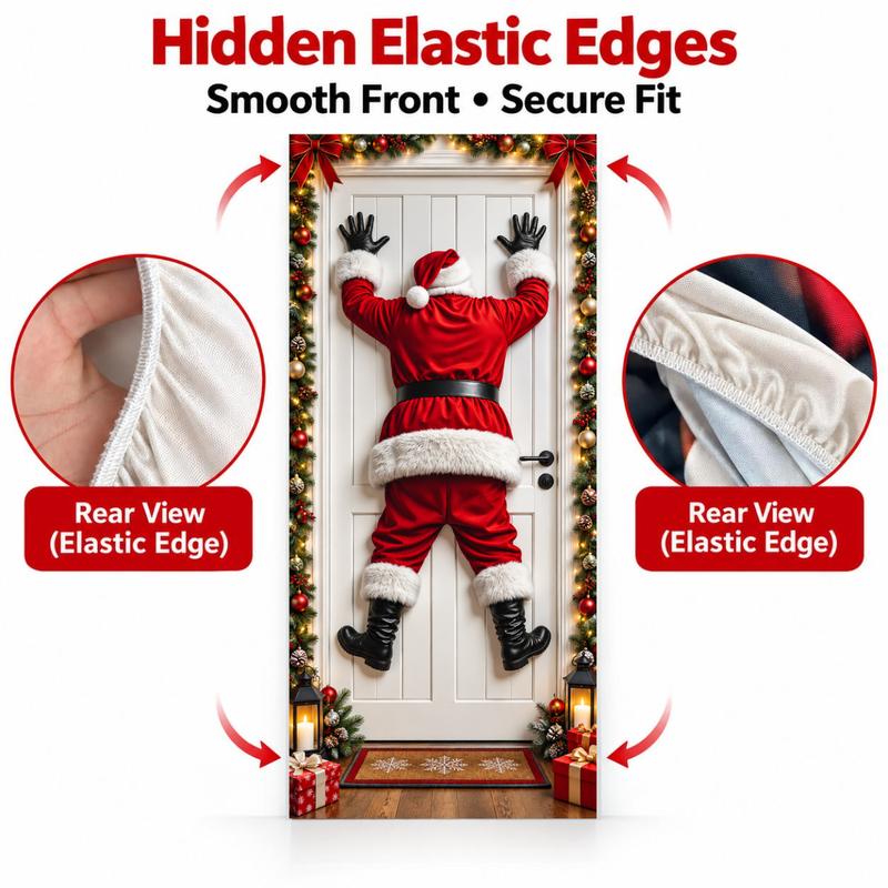 Christmas Door Cover - Santa & Reindeer Stretch Fabric Door Banner with 4-Side Elastic Edges