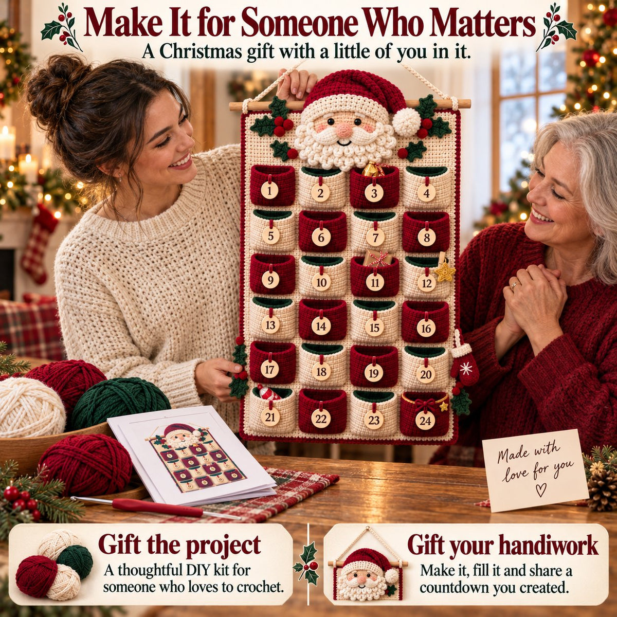โณ Last Day 49% OFF โ ๐งถ DIY Crochet Advent Calendar Kit | 24 Refillable Pockets, 4 Christmas Characters & Complete Crochet Materials ๐