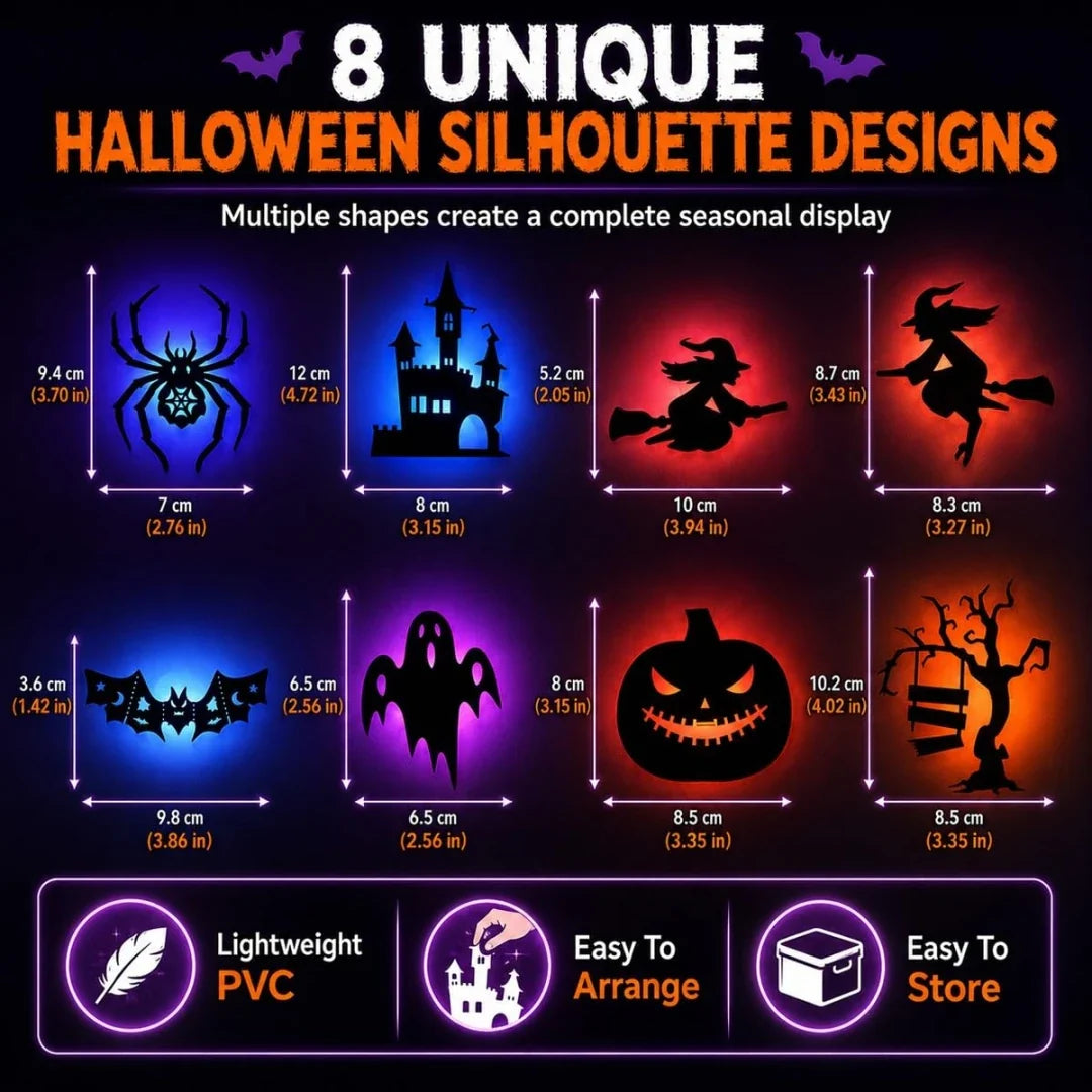 GlowInTheDark Halloween Silhouette Wall Lights | 3D Backlit Spooky Room & Window Decor (Set of 8)