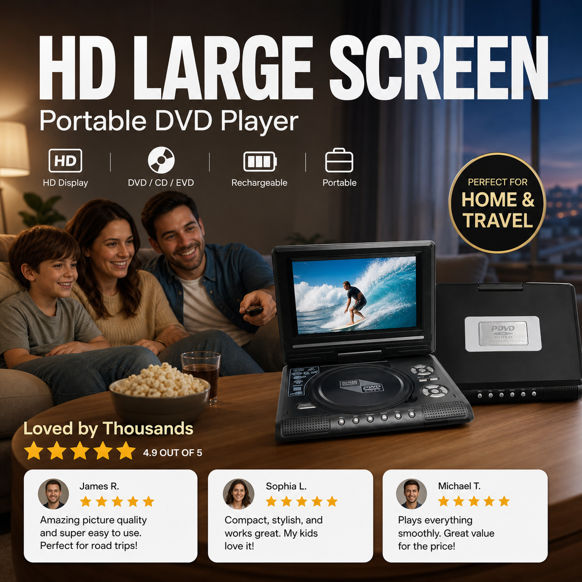 ๐บ Portable DVD/EVD Player โ 7.8in Rechargeable Screen for Travel
