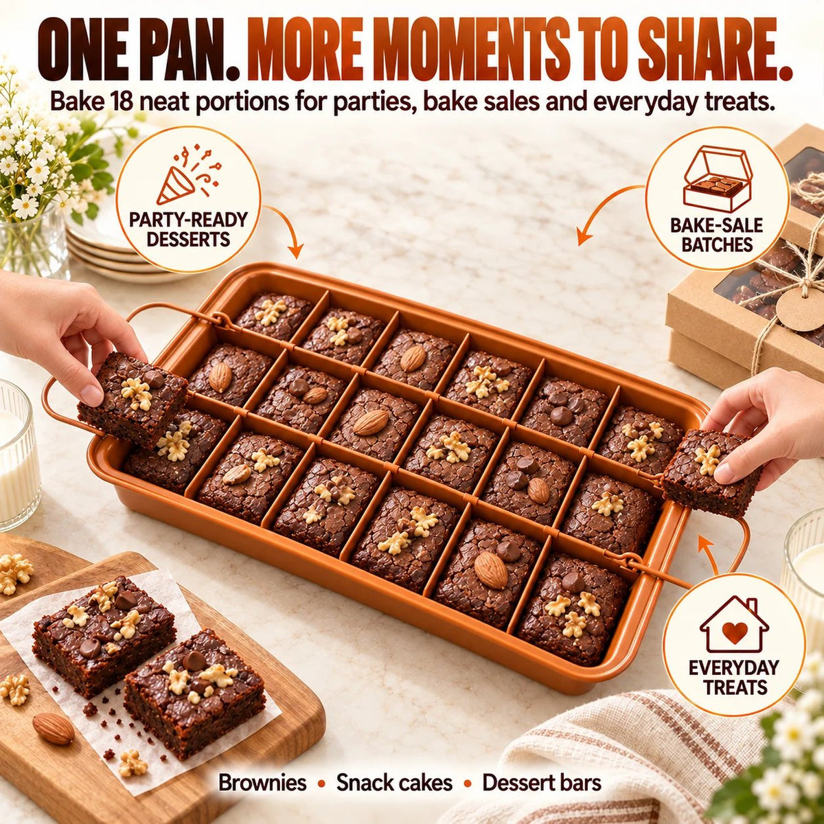 🔥HOT SALE🔥🍫 18-Section Removable Divider Brownie Pan – Thickened Carbon Steel Nonstick Baking Tray with Loose Bottom