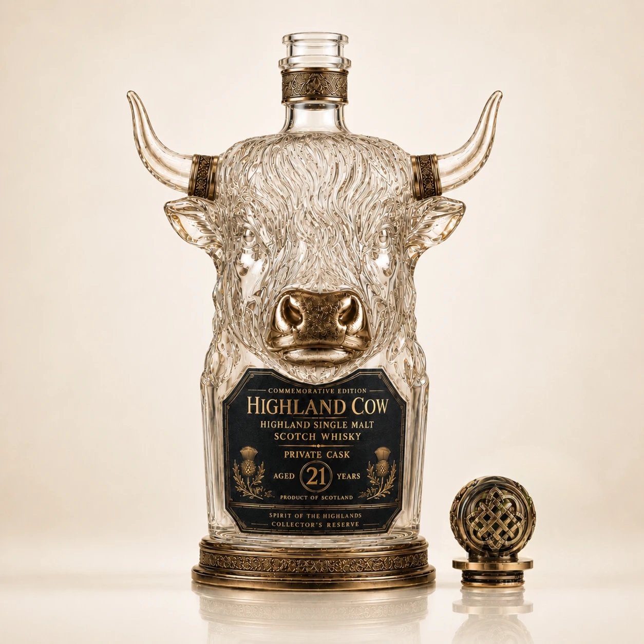 đHighland Cow Private Cask 21 Years Cow Head Shaped Scotch Whisky Bottle