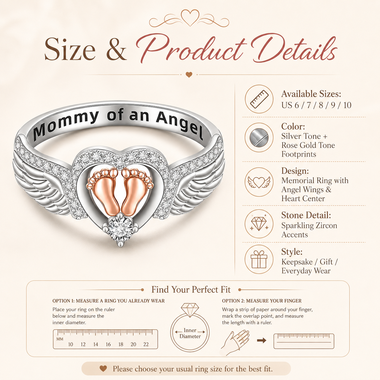 Mommy of an Angel Ring – Angel Wings & Baby Footprints Memorial Keepsake