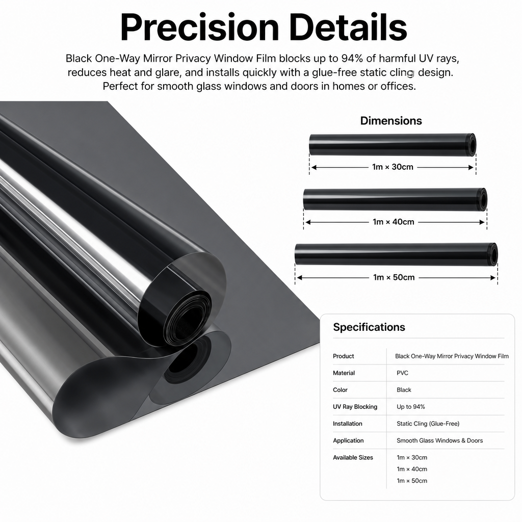 Black One-Way Mirror Privacy Window Film - Heat Insulation, 94% UV Blocking, Daytime Privacy for Home & Office