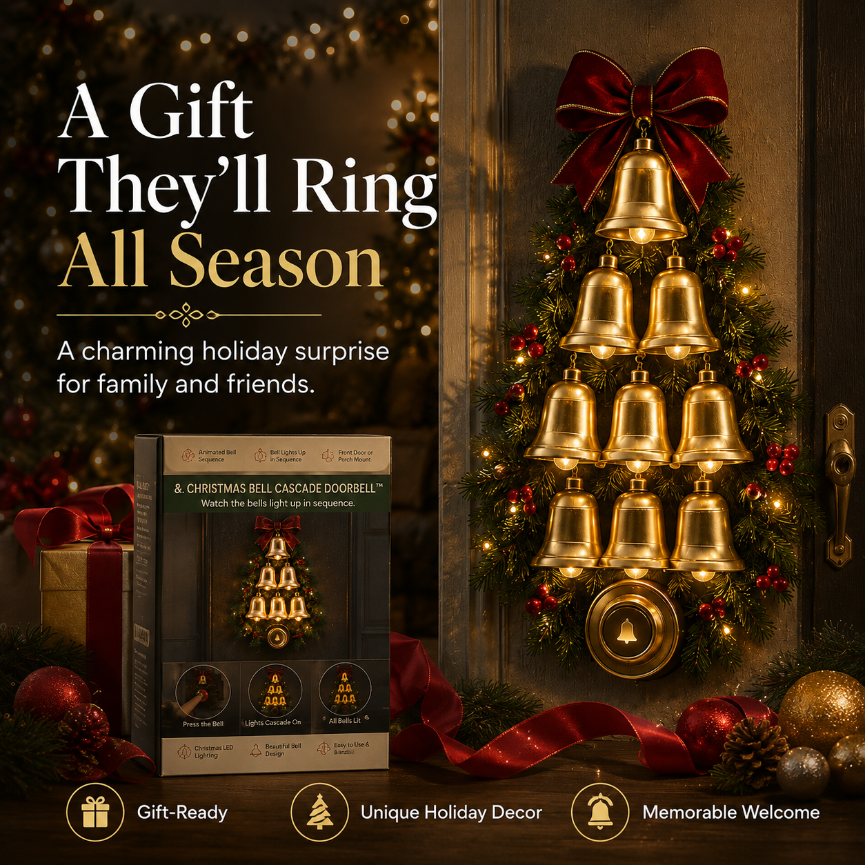 ๐ Christmas Bell Cascade Doorbellโ Light-Up Holiday Chime Door Decor ๐