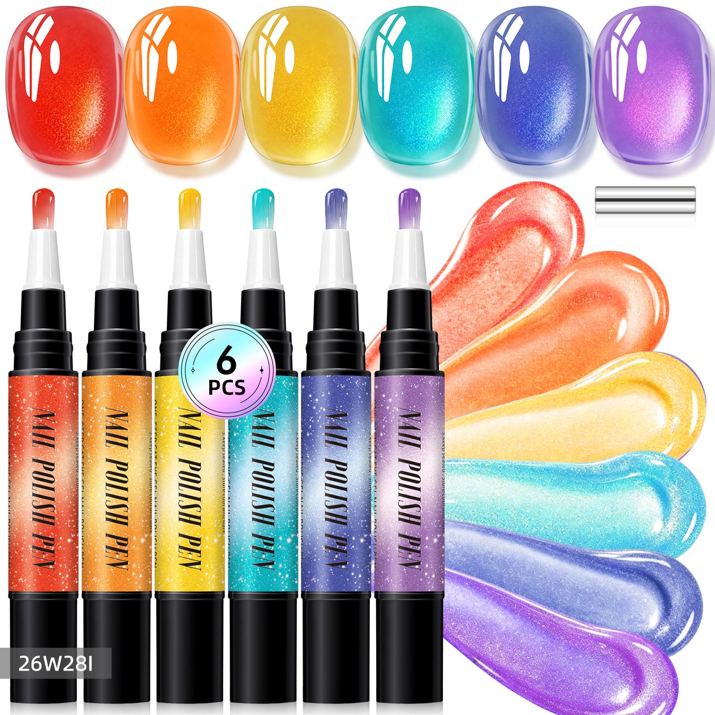 6-Piece One-Step Gel Nail Art Pen Set — Cat-Eye & Polarized Glitter, Salon Finish at Home