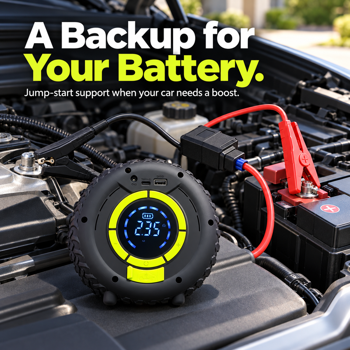 🚗 Car Jump Starter Tire Inflator, Portable Emergency Air Compressor with SOS Light & Power Bank