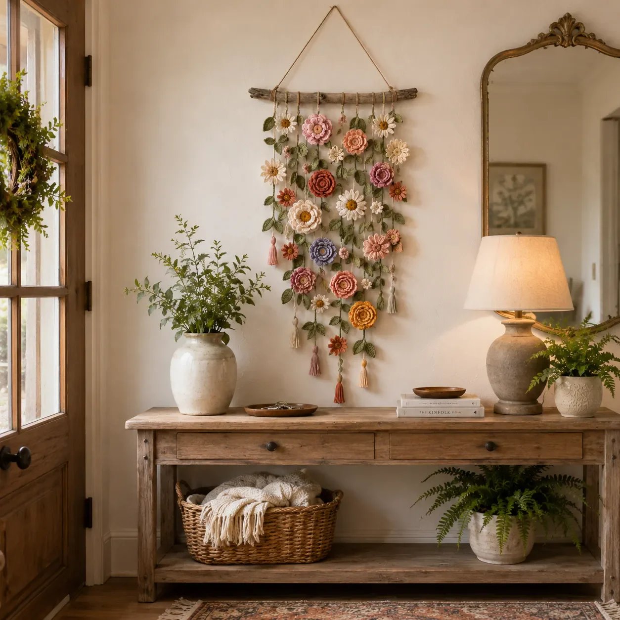 🌸 Boho Crochet Flower Wall Hanging | 3D Blooms + Tassels + Driftwood Branch | Farmhouse Cottagecore Decor