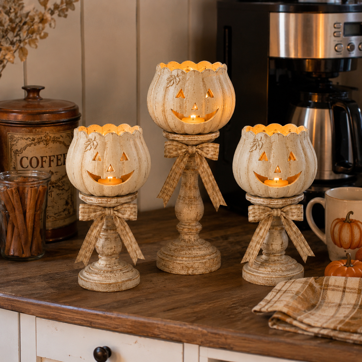Harvest Glow White Pumpkin Pedestal Tealight Holders – Set of 3