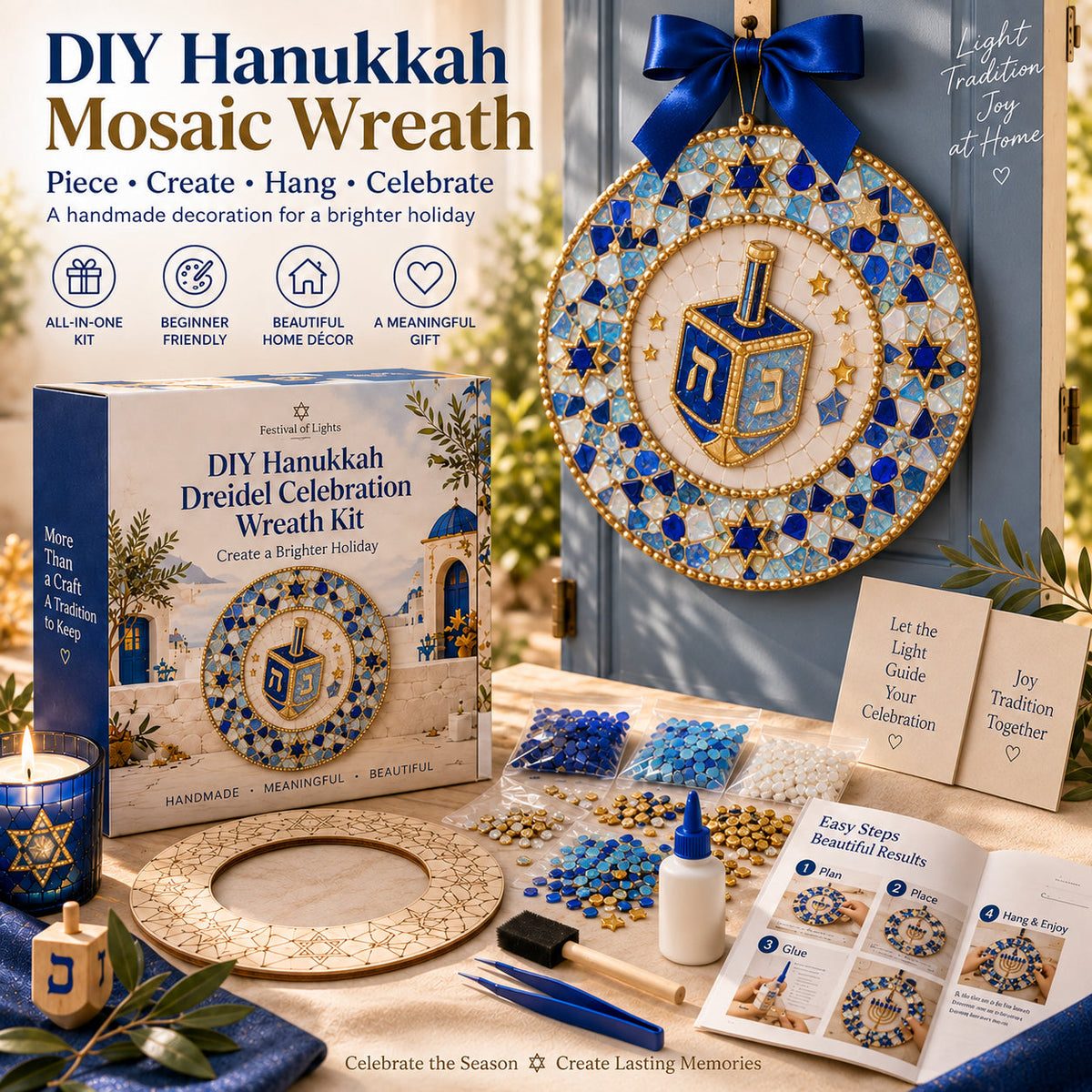 ๐ DIY Hanukkah Mosaic Wreath Kit โ 6 Festive Designs for Holiday Home Dรฉcor