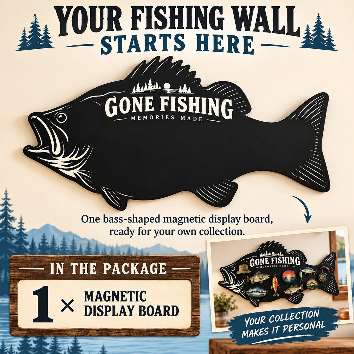 ⏳ Last Day 49% OFF – 🎣 Bass-Shaped Magnetic Fishing Memory Board | 3 Sizes for Lake Magnets, Fishing Trips & Keepsakes 🐟