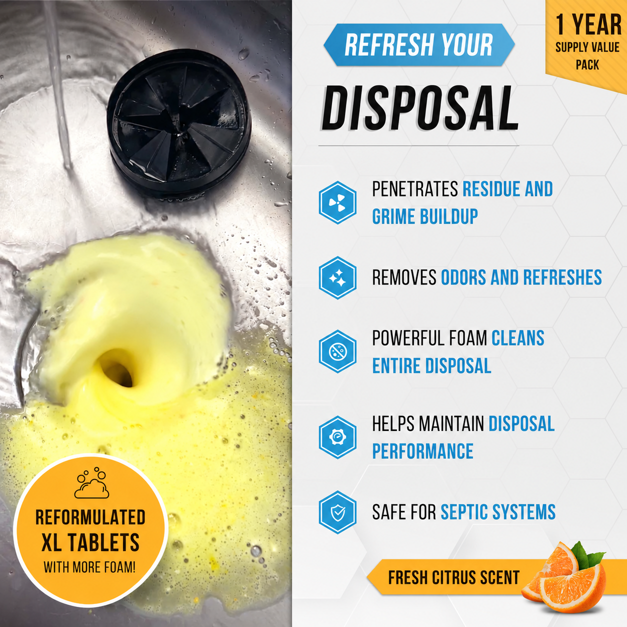Foaming cleaner in a garbage disposal with product features