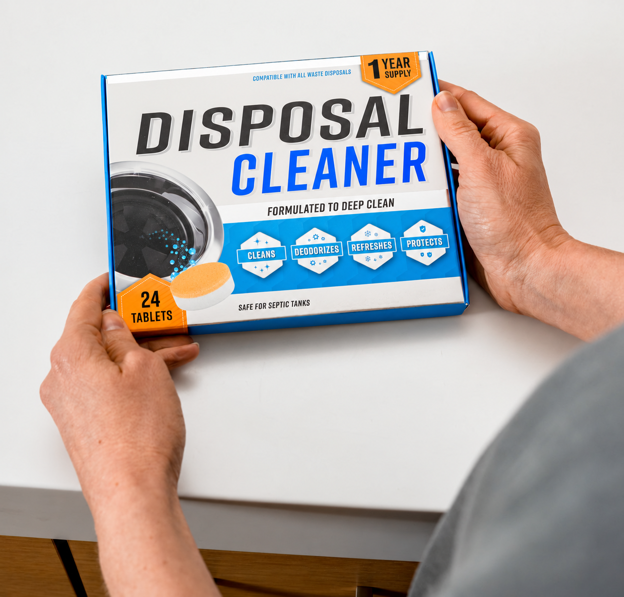 Close-up of the front of the 24-tablet disposal cleaner pack