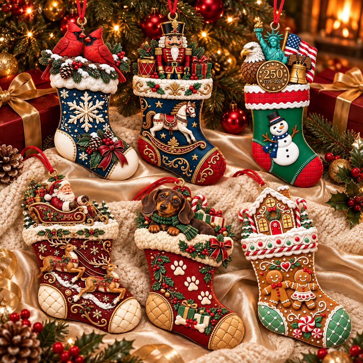 2026 Christmas Storybook Stocking Ornaments – 6-Piece Vintage Holiday Collection