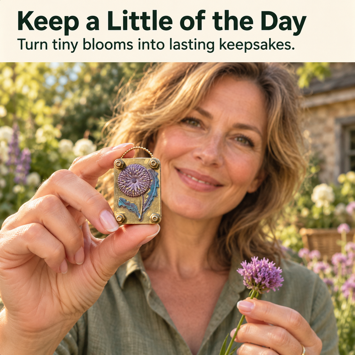 Mature woman holding the miniature brass flower press in her garden