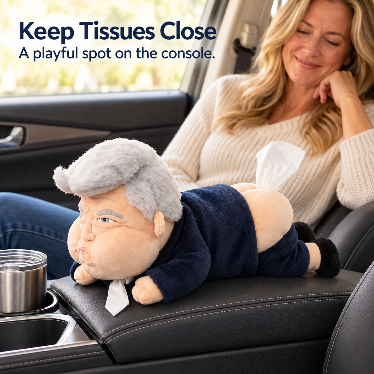 The plush holder resting on a parked-car center armrest