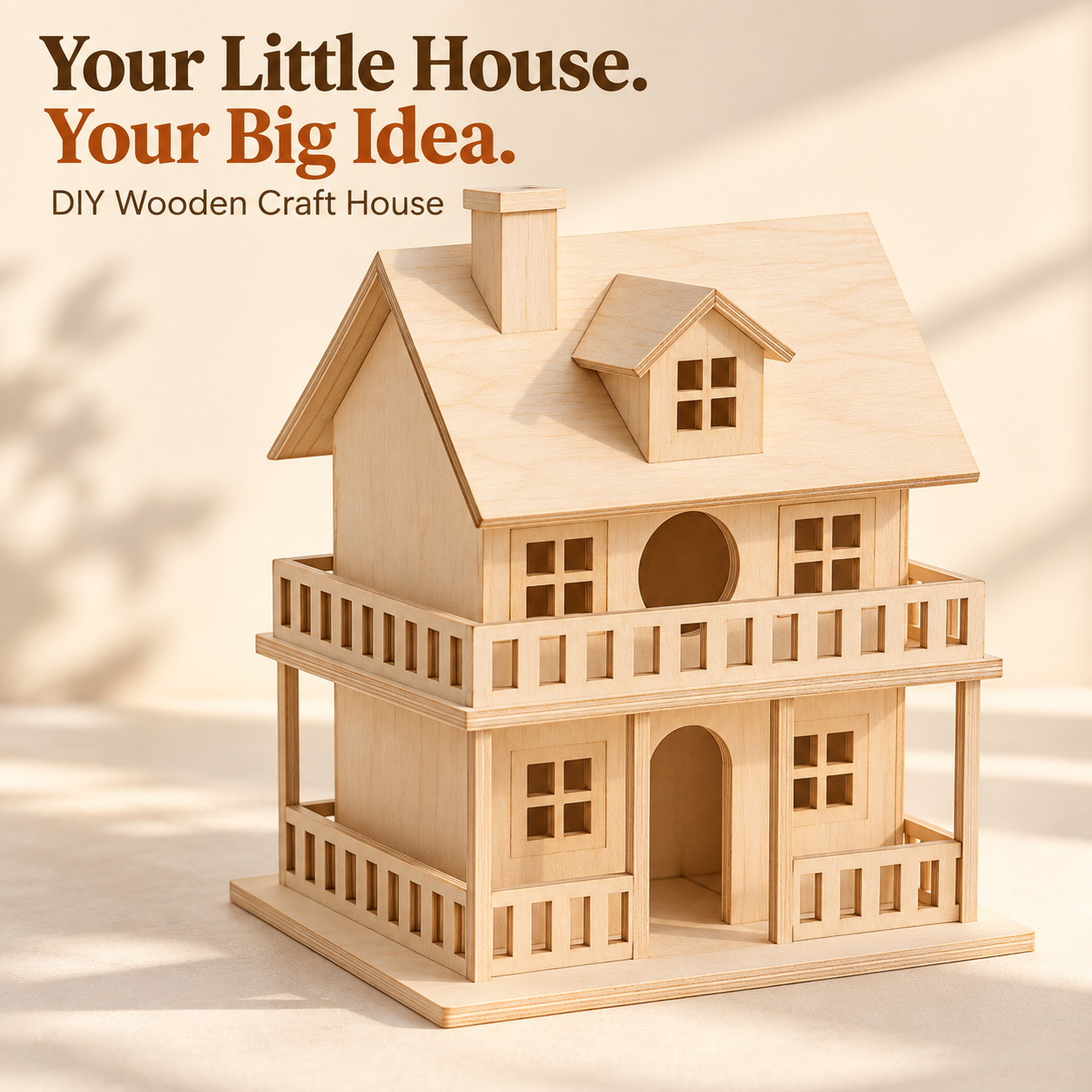 Unpainted miniature wooden craft house with a balcony, dormer and front porch