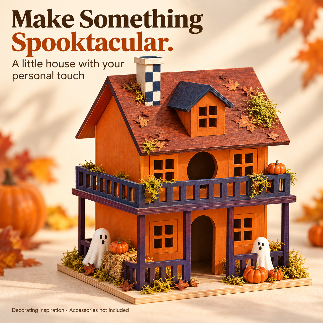 Halloween decorating inspiration with orange walls, dark balcony rails, miniature pumpkins and ghosts