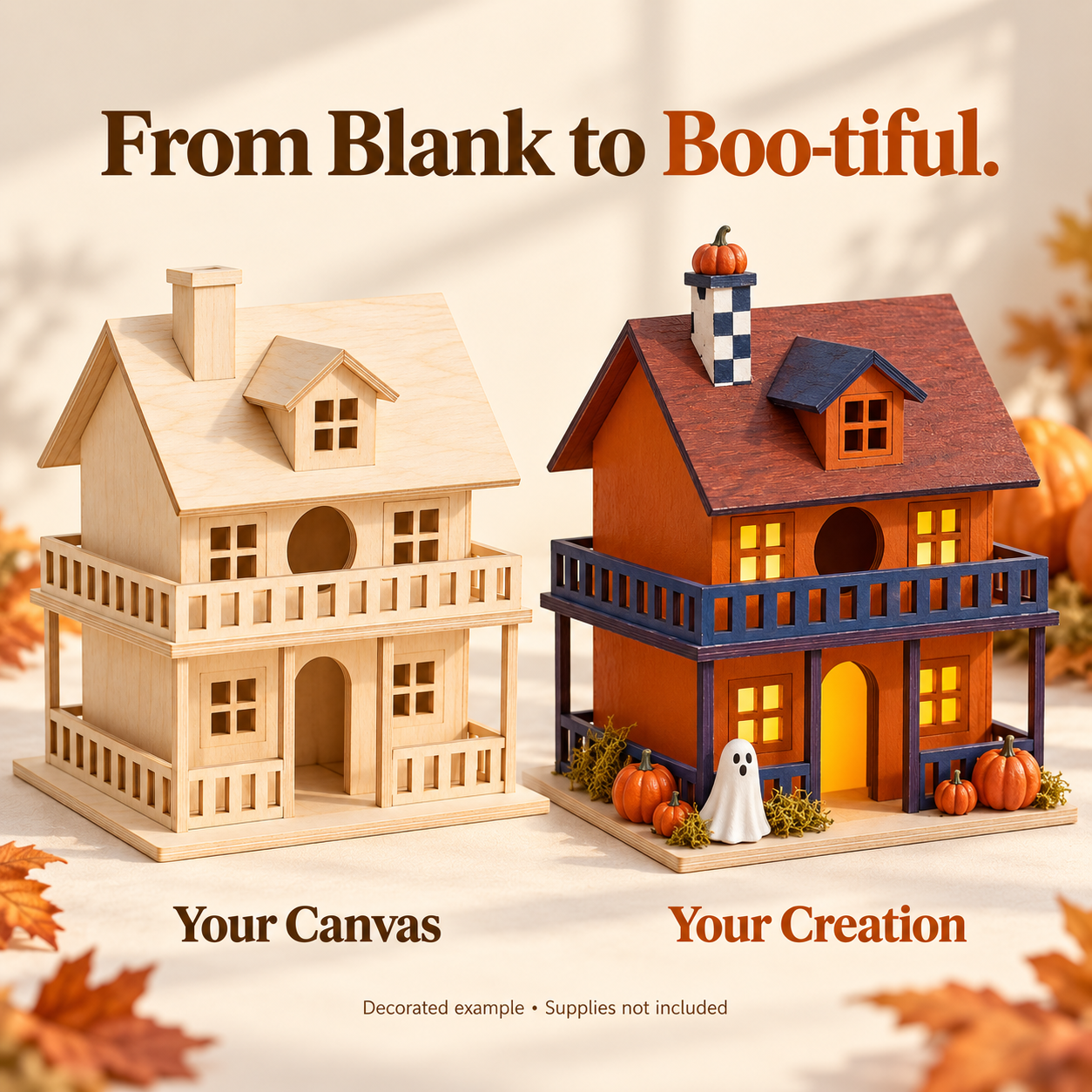 The same miniature house shown before painting and after Halloween customization