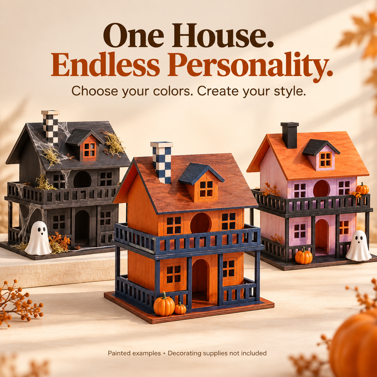 Three painted examples of the same miniature house in charcoal, orange and pink
