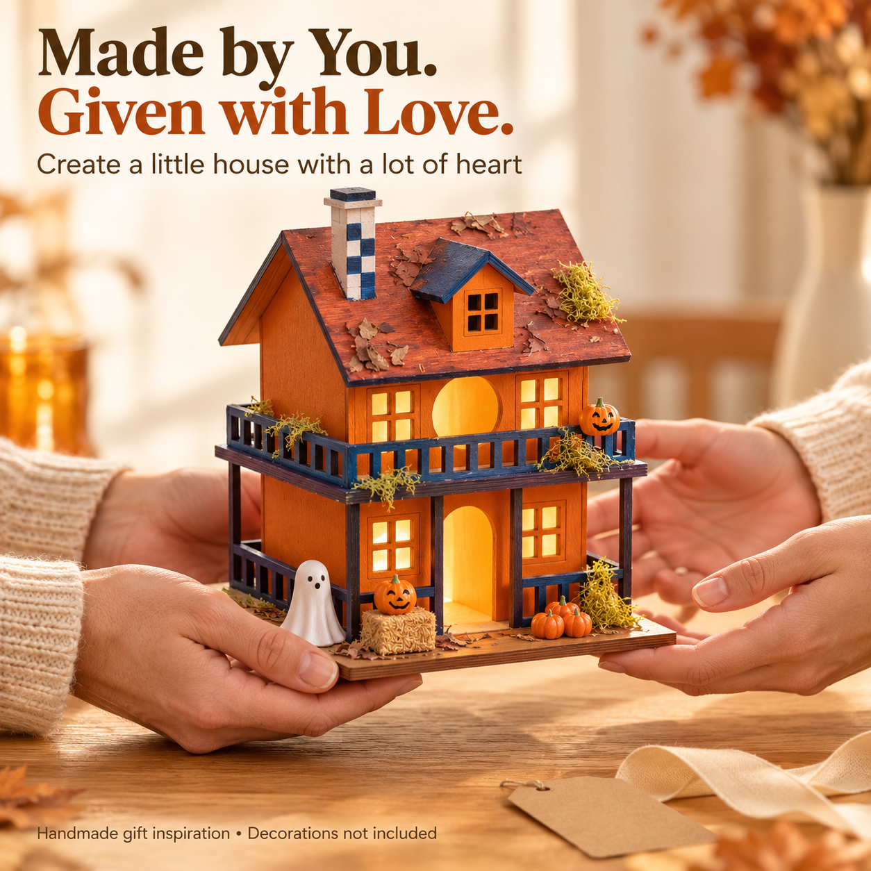 Hands sharing a finished miniature house as a handmade gift