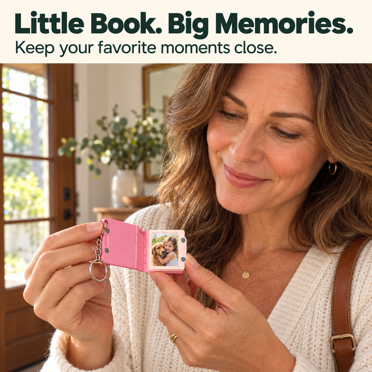 Mature woman holding a tiny photo book in a home entryway