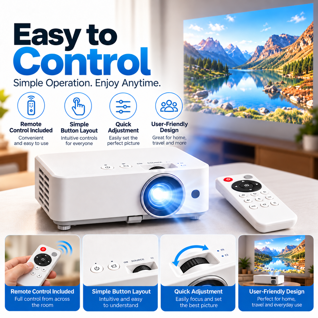 Onboard buttons, manual focus and included remote control