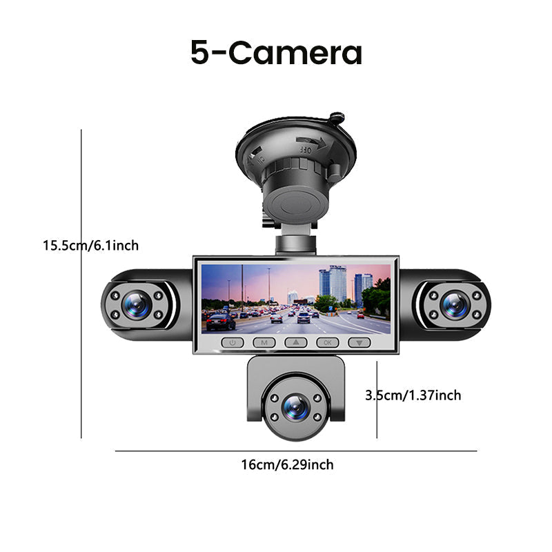 5-lens panoramic dashcam – front, side, rear, and interior – zero blind spots. Provides all-around protection for your vehicle.