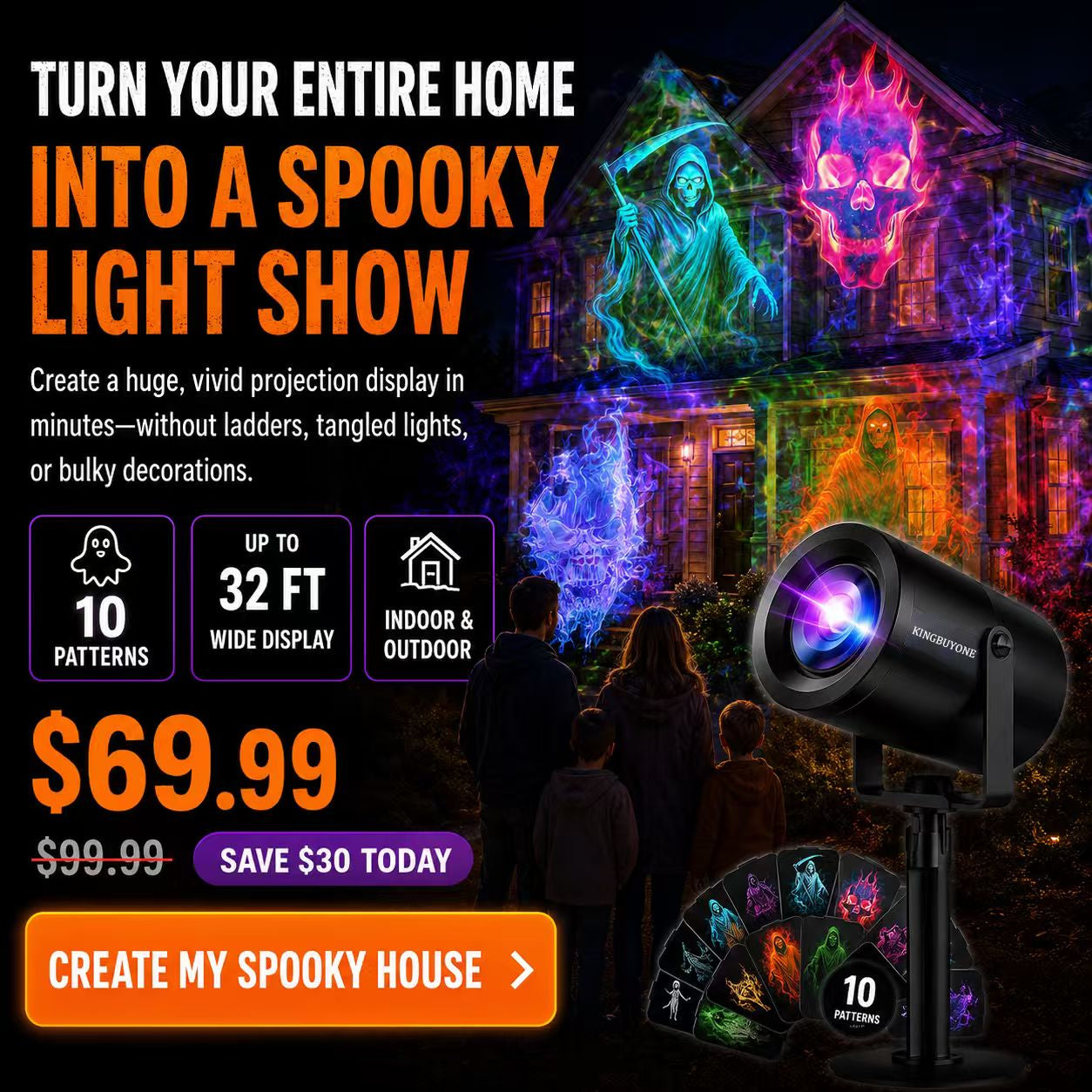 🎃 50% OFF TODAY! 32FT HD Halloween Projector Light – 10 Spooky Patterns to WOW Your Party 👻✨