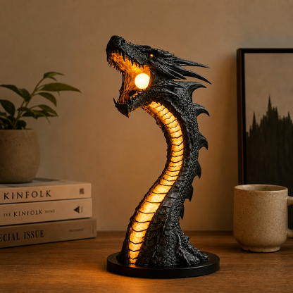 Dark Fantasy Dragon Flame Desk Lamp – Ambient Glowing Dragon Sculpture Light