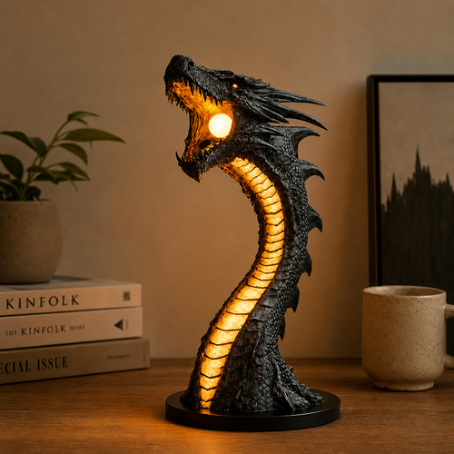 Dark Fantasy Dragon Flame Desk Lamp – Ambient Glowing Dragon Sculpture Light