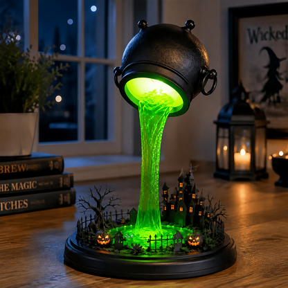🧙‍♀️Spilling Green Witch Cauldron Desk Lamp | Floating Magic Potion Ambient Light with Miniature Gothic Castle & Glowing Pumpkins (10")