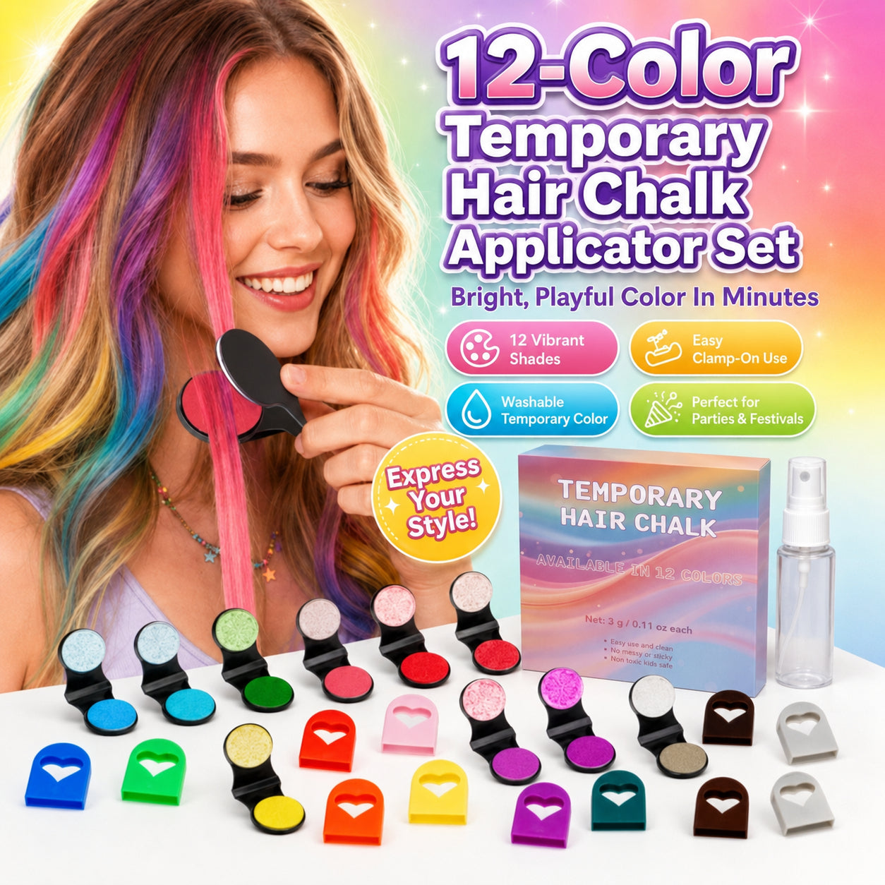 🌈 12-Color Washable Hair Chalk Styling Applicator Set | Vibrant Buildable Shades in Easy Clamp-On Applicators for Highlights, Streaks & Costume Looks ✨