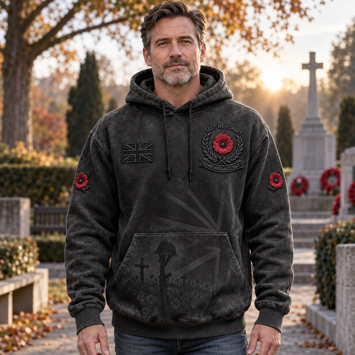 Men's Remembrance Day Lest We Forget Print Oversized Drop-Shoulder Hoodie With Pockets