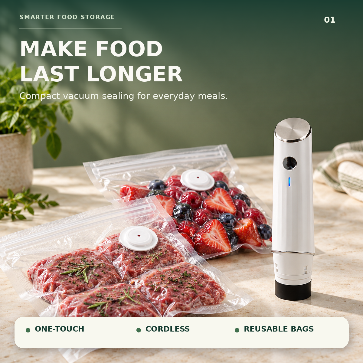 🥩 Cordless Handheld Vacuum Sealer Kit with Reusable Bags | Meal Prep & Freezer Storage
