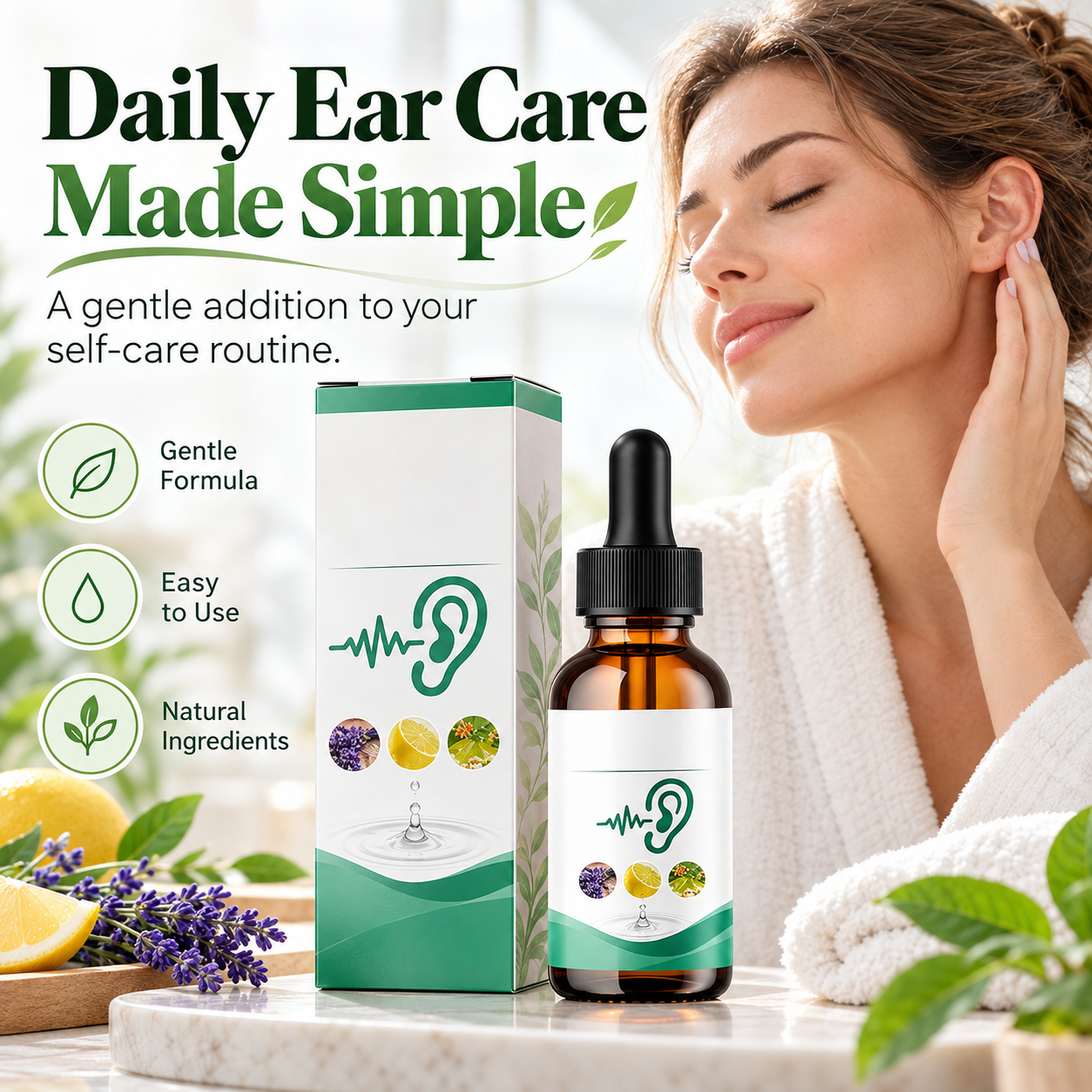 Ear care drops with a dropper bottle, matching carton and personal care imagery