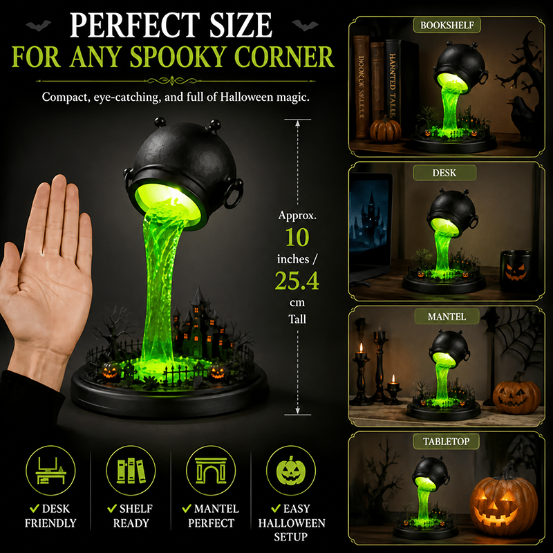 🧙‍♀️Spilling Green Witch Cauldron Desk Lamp | Floating Magic Potion Ambient Light with Miniature Gothic Castle & Glowing Pumpkins (10")