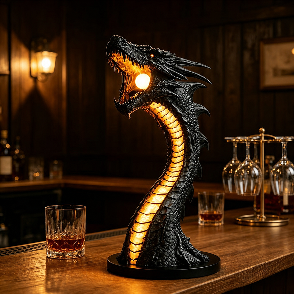 Dark Fantasy Dragon Flame Desk Lamp – Ambient Glowing Dragon Sculpture Light