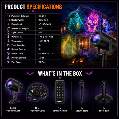 🎃 50% OFF TODAY! 32FT HD Halloween Projector Light – 10 Spooky Patterns to WOW Your Party 👻✨