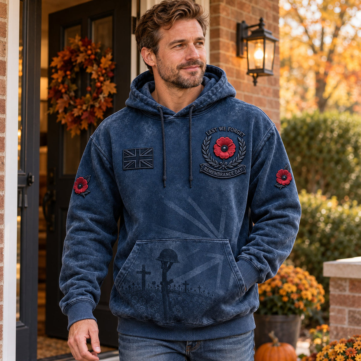 Men's Remembrance Day Lest We Forget Print Oversized Drop-Shoulder Hoodie With Pockets