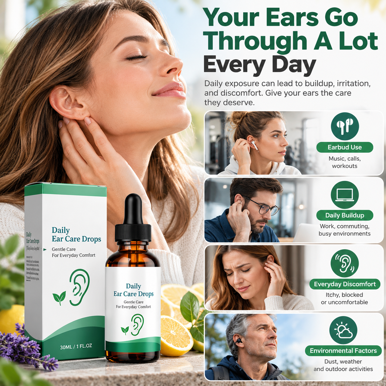 Ear care drops presented alongside everyday listening, work and outdoor activities