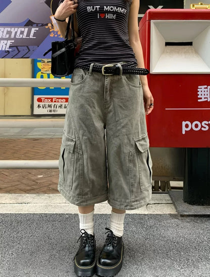American Retro Loose Fit Baggy Cargo Capri Denim Jeans - Unisex Summer Wide Leg Washed Cropped Pants